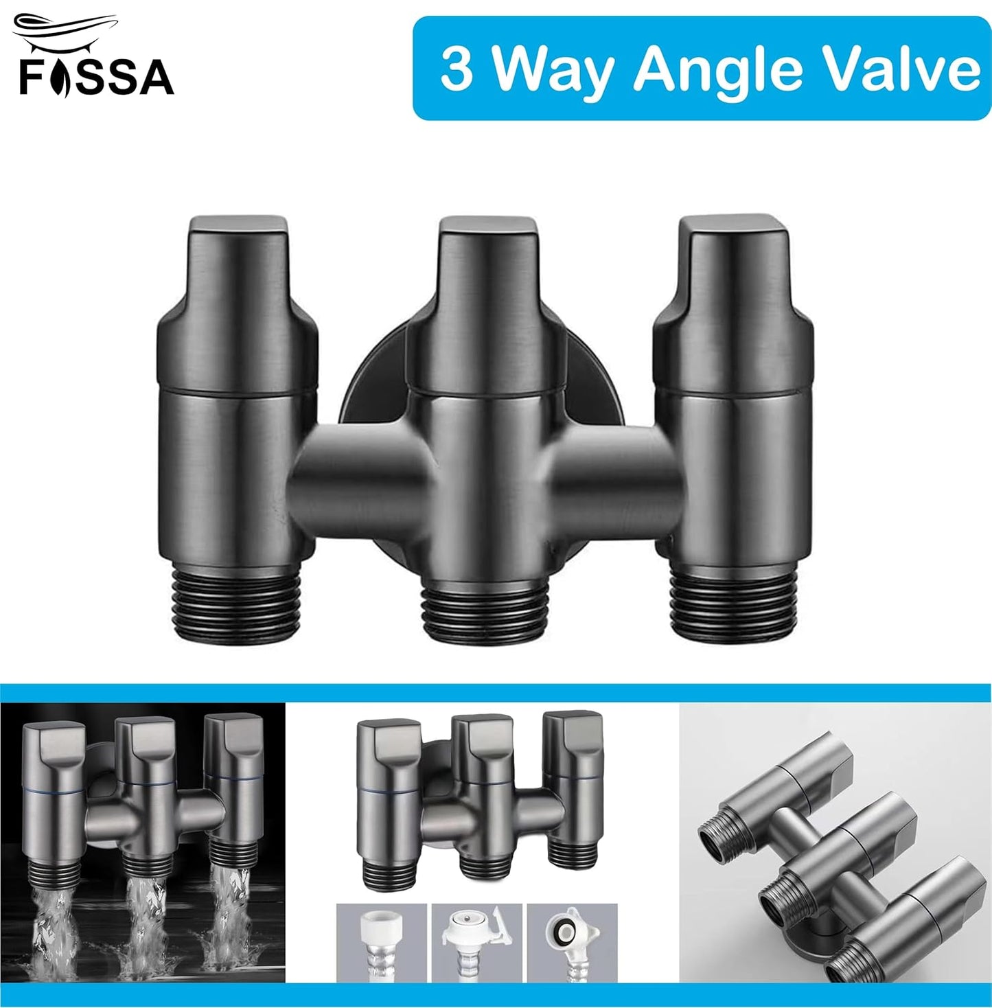 3 - Way Water Injection Angle Valve, Single Inlet and Three Outlet Angle Valve Three Way Multifunction Valve for Bathroom (Black)