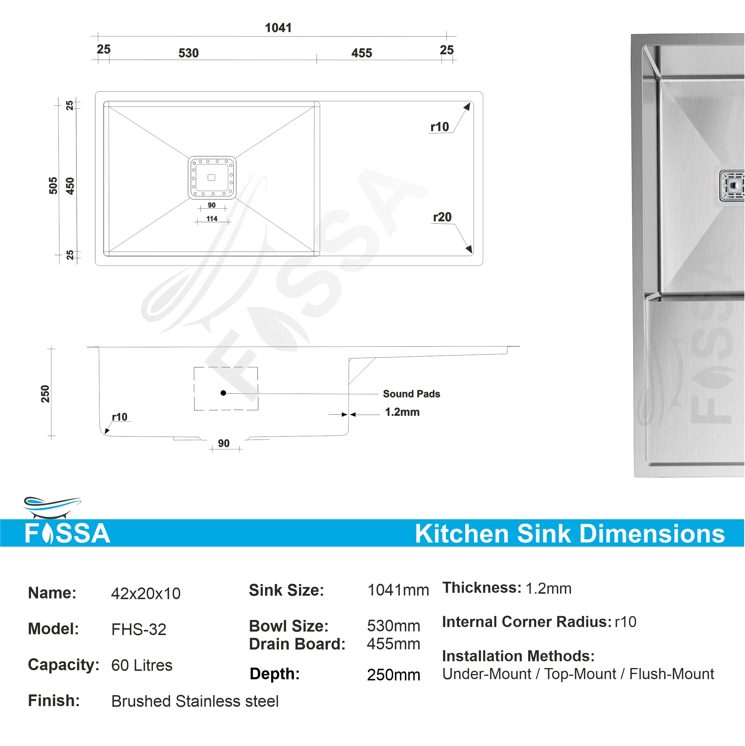 Fossa 42"x20"x10" Inch Single Bowl With Drain Board SS-304 Grade Stainless Steel Kitchen Sink Matte Finish Silver