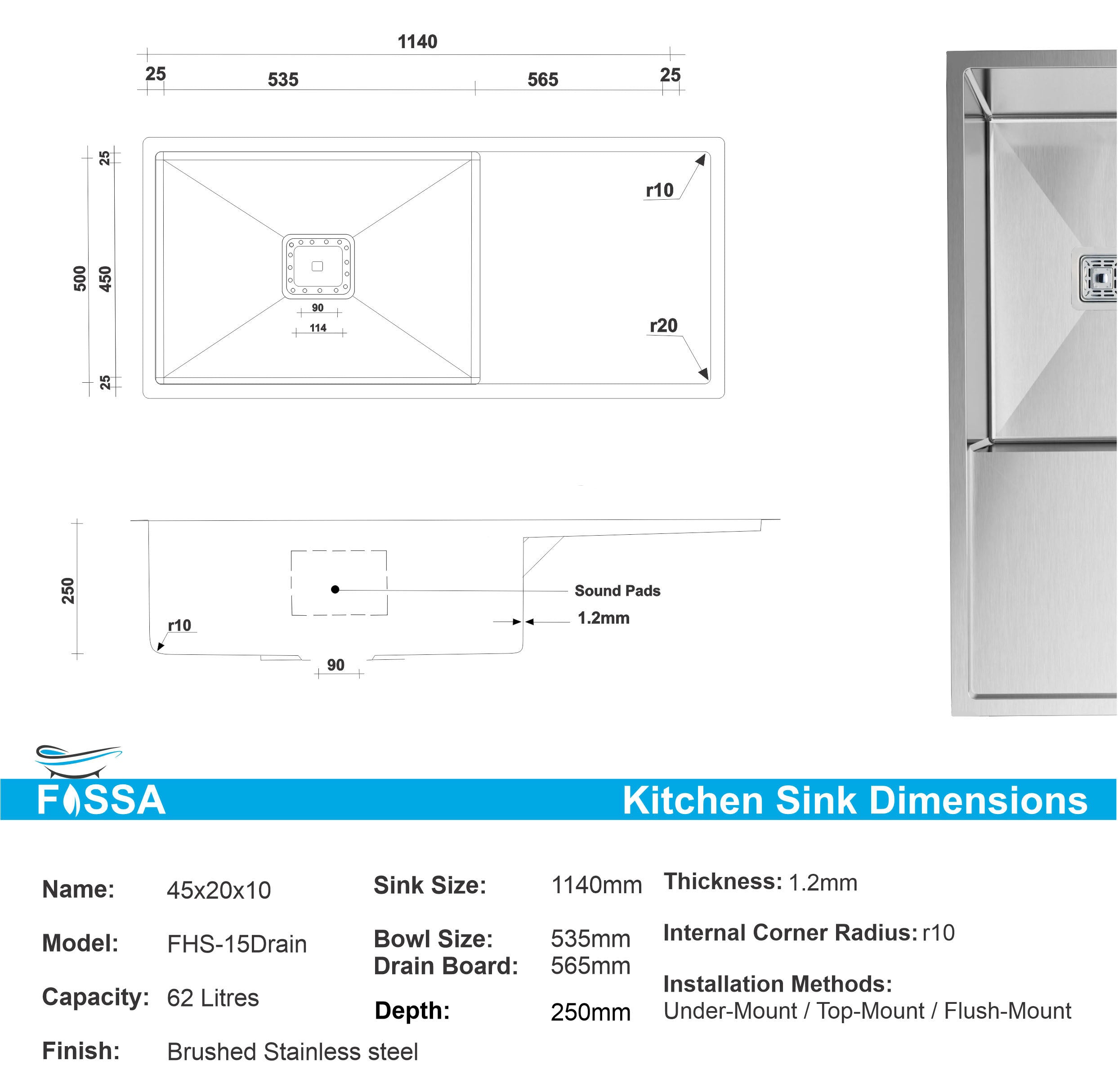 Fossa 45"x20"x10" Inch Single Bowl With Drain Board SS-304 Grade Stainless Steel Handmade Kitchen Sink Matte Finish Silver