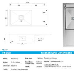 Fossa 45"x20"x10" Inch Single Bowl With Drain Board SS-304 Grade Stainless Steel Handmade Kitchen Sink Matte Finish Silver