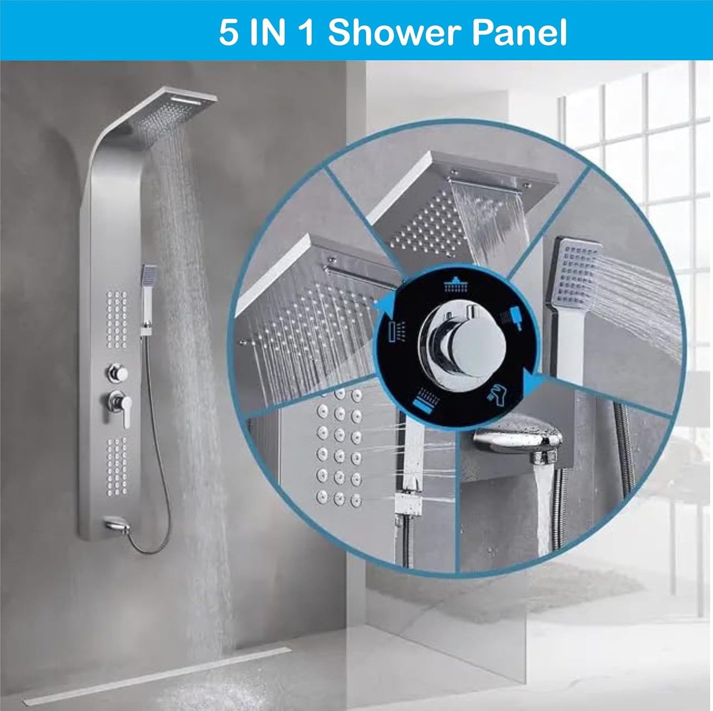 Stainless Steel Shower Panel Full Set, Dual Flow Overhead Waterfall Shower, Hand Shower, Wall Mount Shower Panel For Bathrooms (Silver)