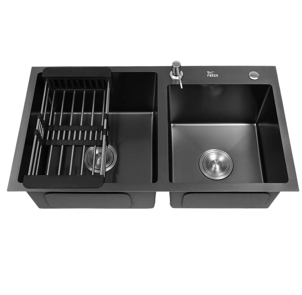 Fossa Black Kitchen Sink - 32" x18" x 09" Inch Stainless Steel Double Bowl Sink with Tap Hole, Drain Basket, Soap Dispenser, Drain - Topmount Sink for Campervan or Home Kitchen (Round Coupling)