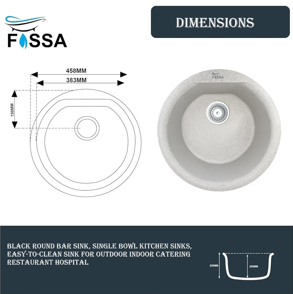 Fossa 18x18x08 Inches Granite Quartz Kitchen Sink Single Bowl with Waste Coupling, Waste Pipe Quartz German Engineered Technology Kitchen Sink (Snow Sand)
