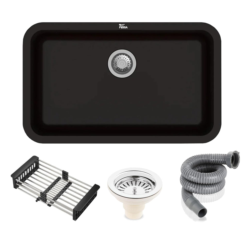 Fossa 30"x18"x09" Inch Granite Quartz Kitchen Sink Single Bowl with Basket, Coupling, Waste Pipe Quartz German Engineered Technology Kitchen Sink Easy-to-Clean Sink (Black)