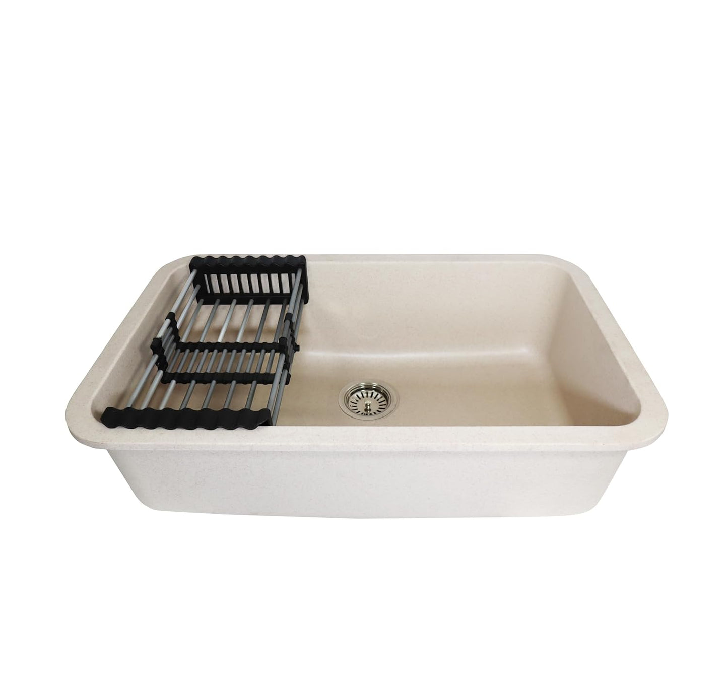 Fossa 31"x19"x09" Inch Granite Quartz Kitchen Sink Single Bowl with Basket, Coupling, Waste Pipe Quartz German Engineered Technology Kitchen Sink Easy-to-Clean Sink (Peach Ivory)