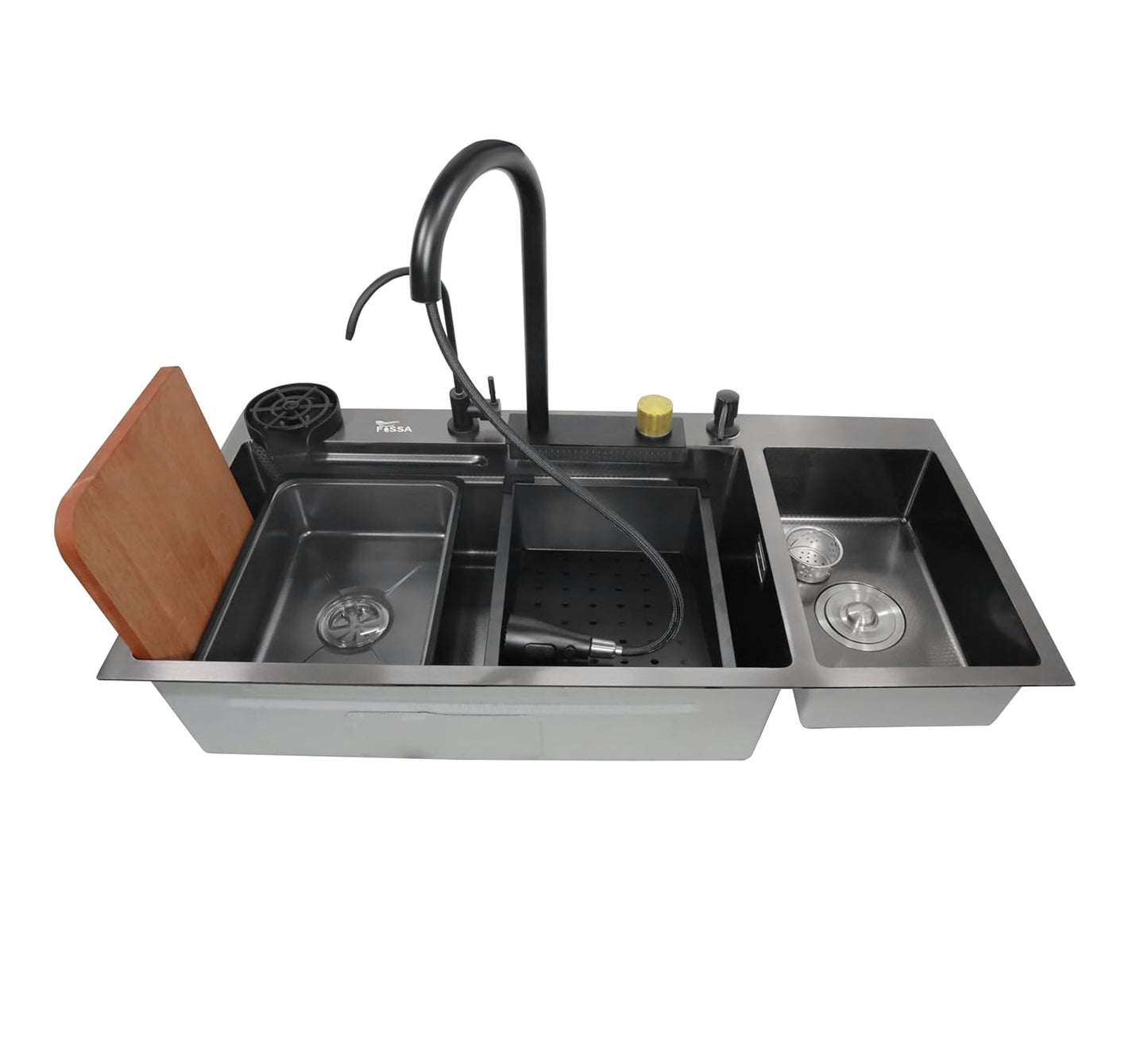 Fossa 37"x18"x09" Double Bowl Waterfall Kitchen Sink Honeycomb Embossed Sink with Black Nano Coating, Stainless Steel, Rectangular Workstation, Faucet with Included All Accessories. (Black)