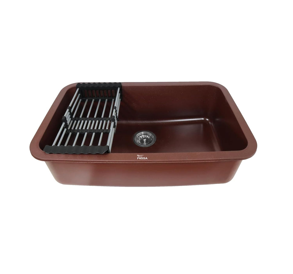Fossa 31"x19"x09" Inch Granite Quartz Kitchen Sink Single Bowl with Basket, Coupling, Waste Pipe Quartz German Engineered Technology Kitchen Sink Easy-to-Clean Sink (Choco Brown)