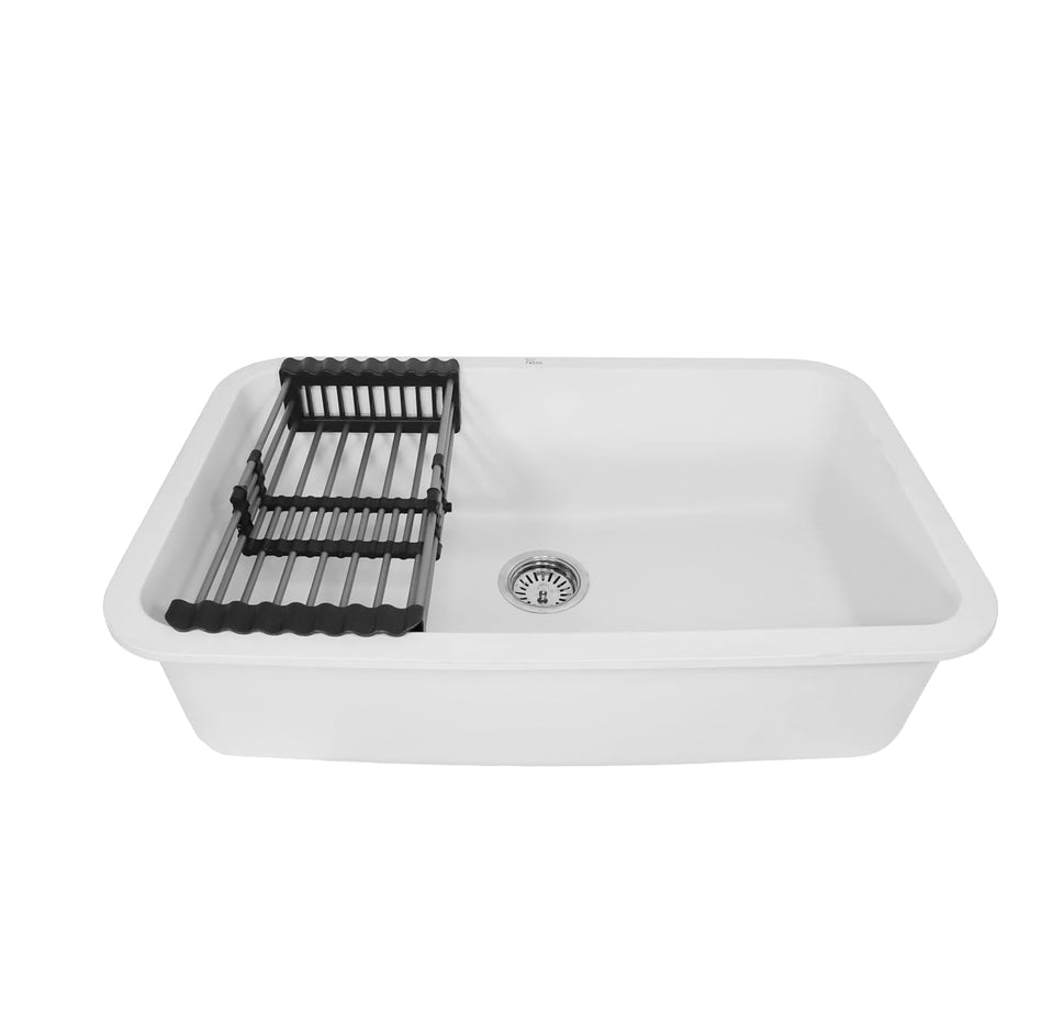 Fossa 31"x19"x09" Inch Granite Quartz Kitchen Sink Single Bowl with Basket, Coupling, Waste Pipe Quartz German Engineered Technology Kitchen Sink Easy-to-Clean Sink (White)
