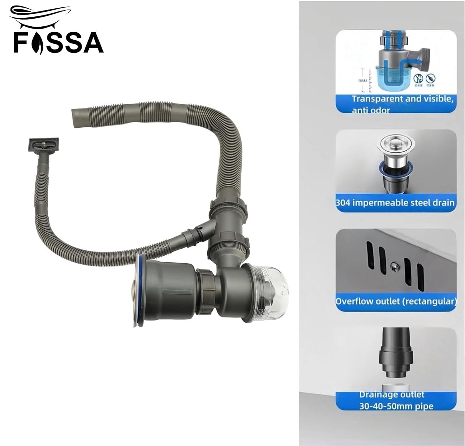 Fossa Kitchen Sink Drain Pipe Kit, Professional Thickened Flexible Drain Pipe Kit Odor Resistant Pop-up Drain Pipe Kit