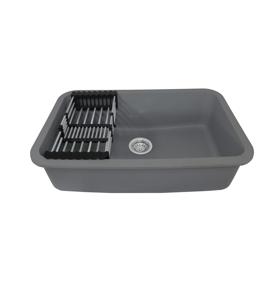 Fossa 31"x19"x09" Inch Granite Quartz Kitchen Sink Single Bowl with Basket, Coupling, Waste Pipe Quartz German Engineered Technology Kitchen Sink Easy-to-Clean Sink (Grey) No videos