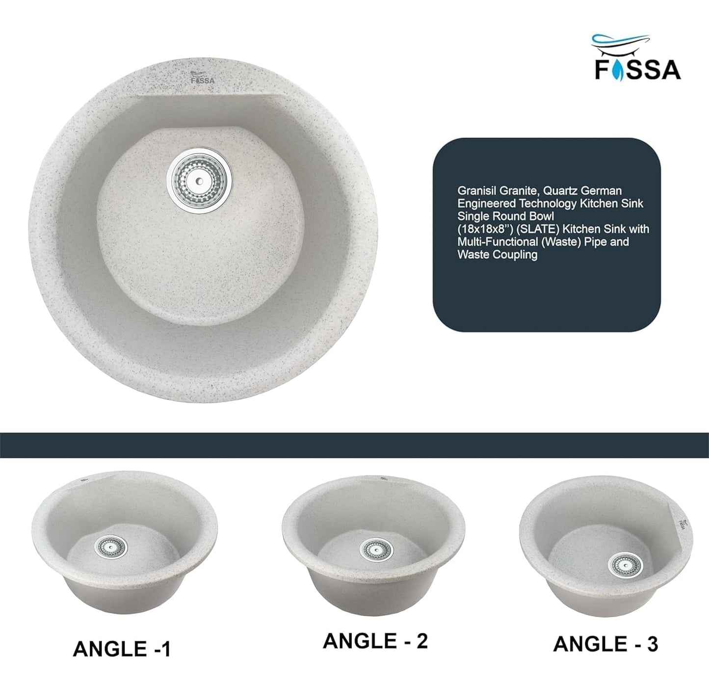 Fossa 18x18x08 Inches Granite Quartz Kitchen Sink Single Bowl with Waste Coupling, Waste Pipe Quartz German Engineered Technology Kitchen Sink (Snow Sand)