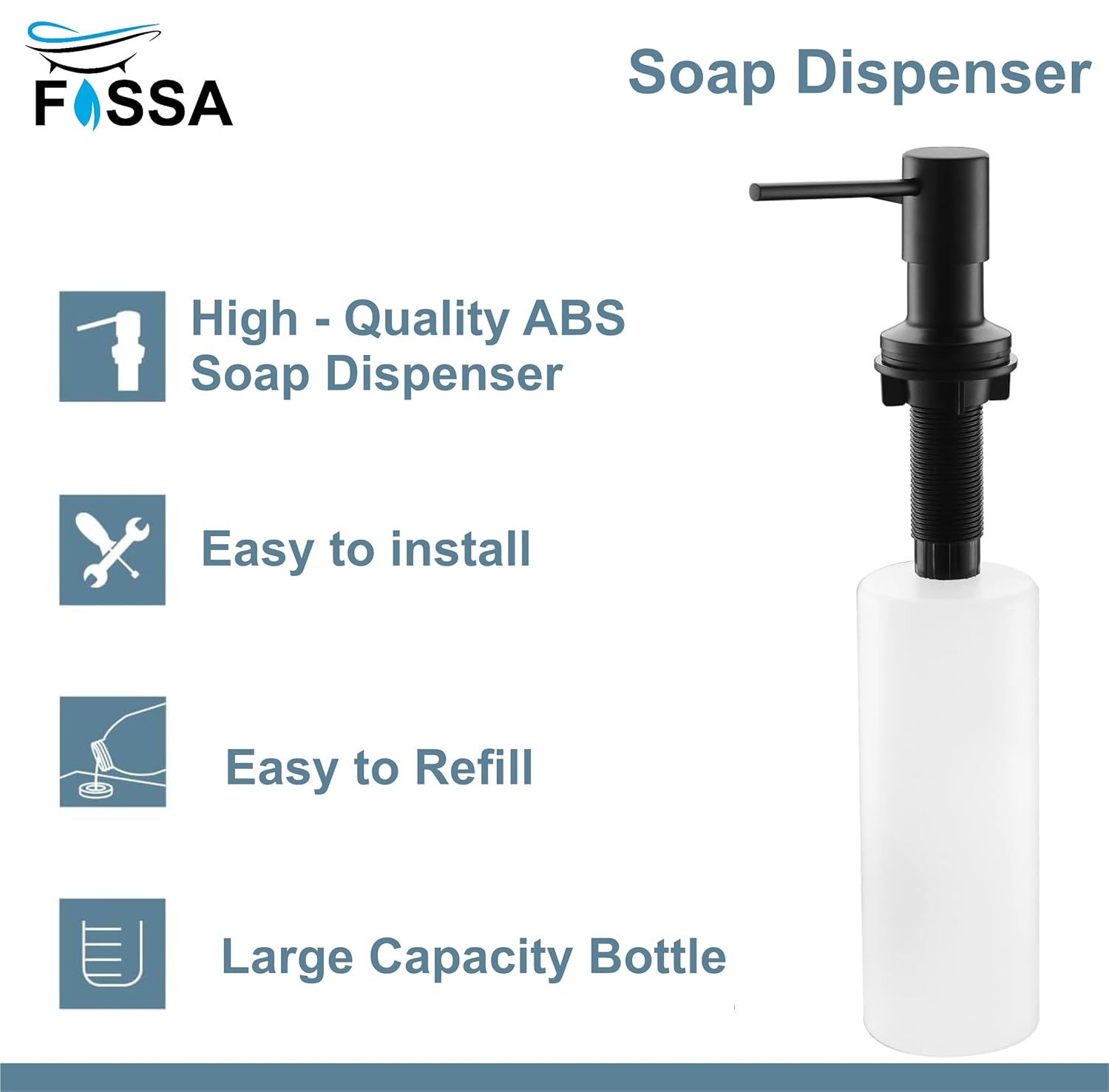 Fossa Soap Dispenser for Kitchen Sink ABS Plastic Built in Sink Soap Dispenser with Refillable Bottle 300ml Capacity Brushed Nickel (Black)