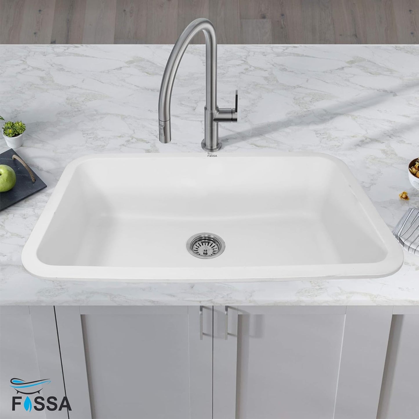 Fossa 31"x19"x09" Inch Granite Quartz Kitchen Sink Single Bowl with Basket, Coupling, Waste Pipe Quartz German Engineered Technology Kitchen Sink Easy-to-Clean Sink (White)