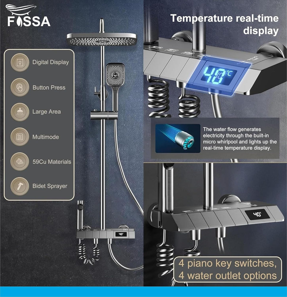 Fossa Spark Shower Thermostatic Shower System, Water Saving Shower Mixer Set, LED Screen, 4 Functions includes Handheld Shower (3 Jet Types), ABS Top Shower, Bidet Spray, Tub Spout (Black)