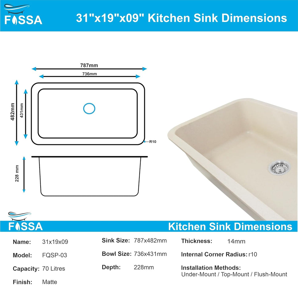 Fossa 31"x19"x09" Inch Granite Quartz Kitchen Sink Single Bowl with Basket, Coupling, Waste Pipe Quartz German Engineered Technology Kitchen Sink Easy-to-Clean Sink (Peach Ivory)