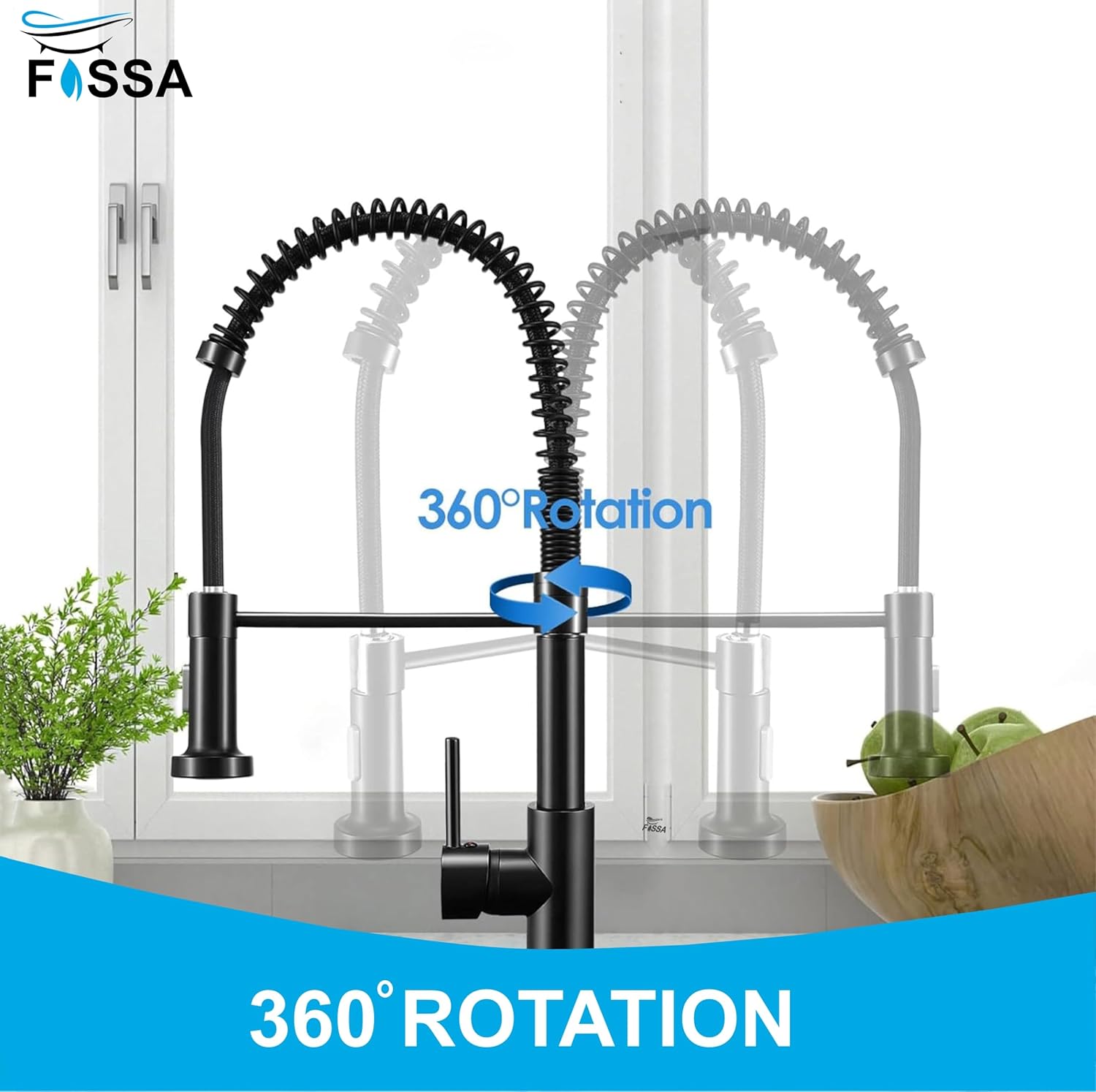 Fossa Kitchen Taps, Kitchen Sink Mixer Tap with Pull Down Sprayer, Kitchen Mixer Taps 1 Hole, 360°Swivel Spring Kitchen Faucet Single Handle Lever, 2 Spray Modes Chrome Finish (Black)