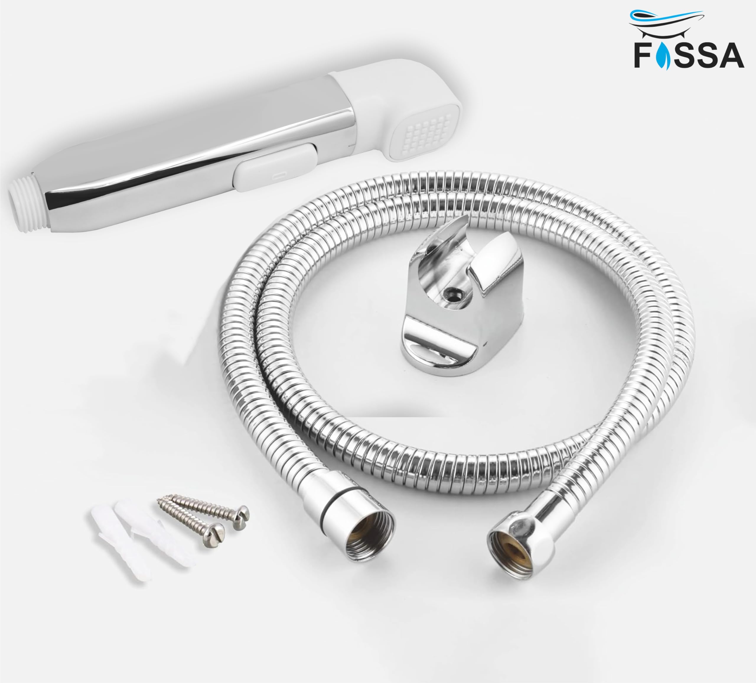 Fossa Krave ABS Dual Function Health Faucet with Stainless Steel 1 Meter Flexible Hose Pipe and Wall Hook, Jet Spray for Toilet Chrome Finish (White)