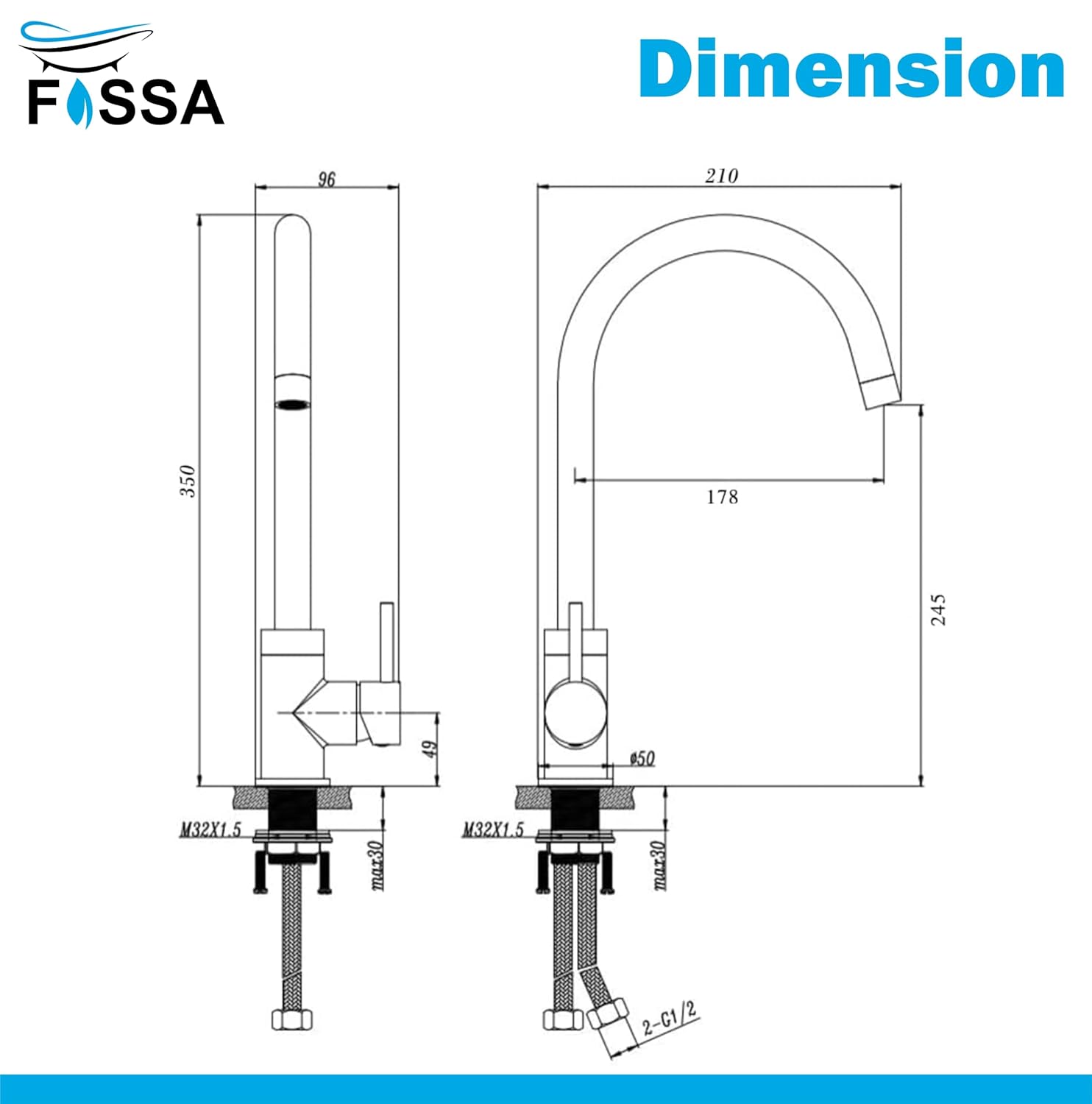 Fossa J Bend Faucet High Pressure Kitchen Faucet 360° Swivel, Stainless Steel Kitchen Faucet, Kitchen Mixer Tap with High Spout-257mm (Chrome Finish)