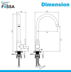 Fossa J Bend Faucet High Pressure Kitchen Faucet 360° Swivel, Stainless Steel Kitchen Faucet, Kitchen Mixer Tap with High Spout-257mm (Chrome Finish)