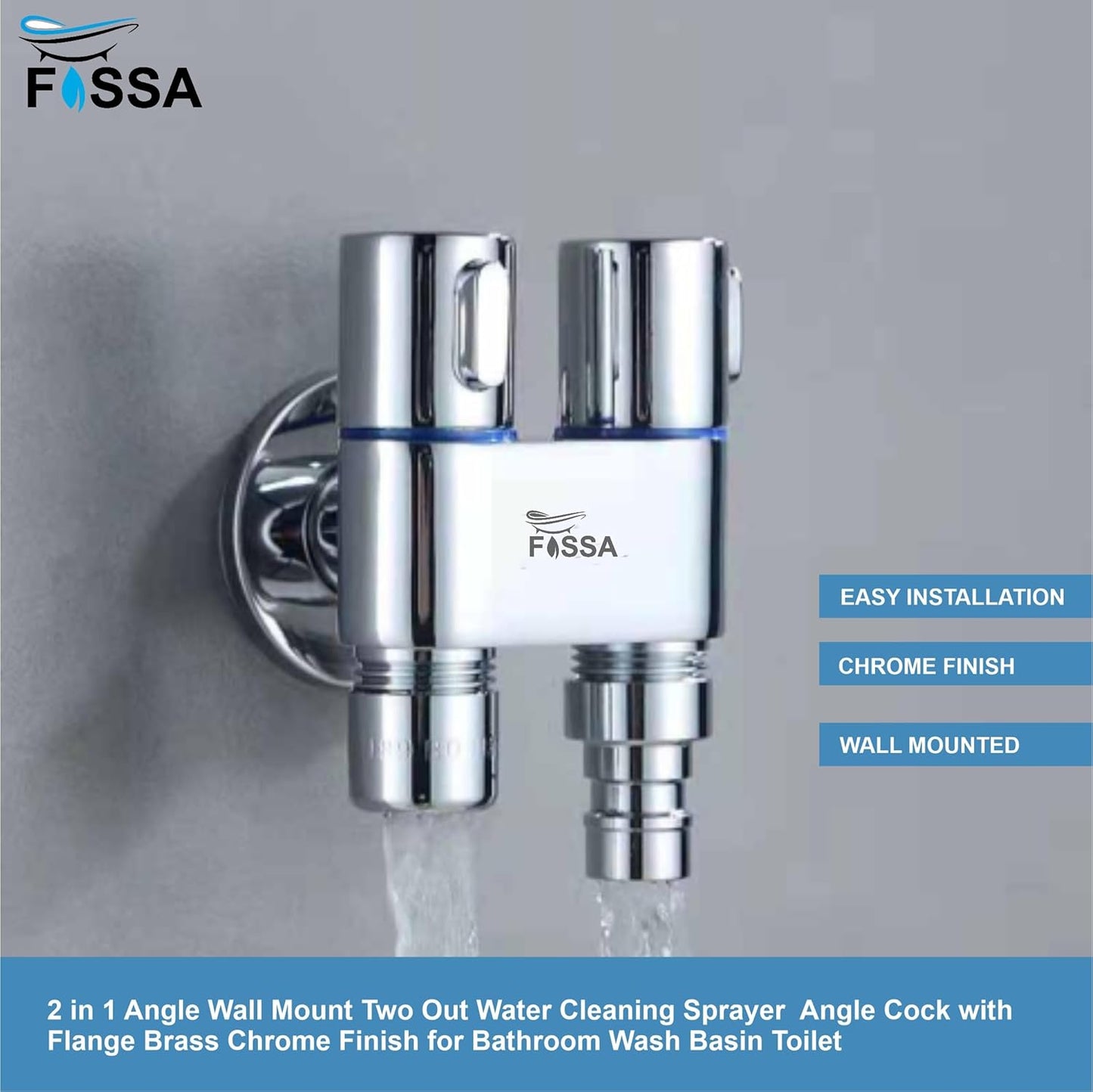 Fossa Brass 2 in 1 Angle Wall Mount Two Out Water Cleaning Sprayer Angle cock with Flange Chrome Finish for Bathroom Wash Basin Toilet (Silver) (Compact | Pack of 2)