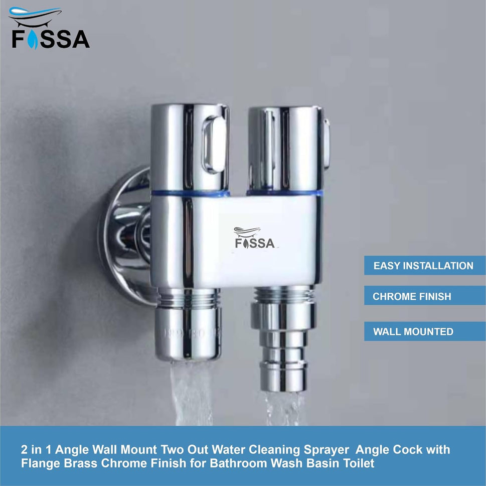 Fossa Brass 2 in 1 Angle Wall Mount Two Out Water Cleaning Sprayer Angle cock with Flange Chrome Finish for Bathroom Wash Basin Toilet (Silver) (Compact | Pack of 2)