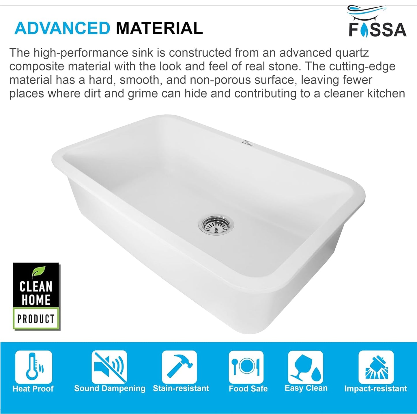 Fossa 31"x19"x09" Inch Granite Quartz Kitchen Sink Single Bowl with Basket, Coupling, Waste Pipe Quartz German Engineered Technology Kitchen Sink Easy-to-Clean Sink (White)