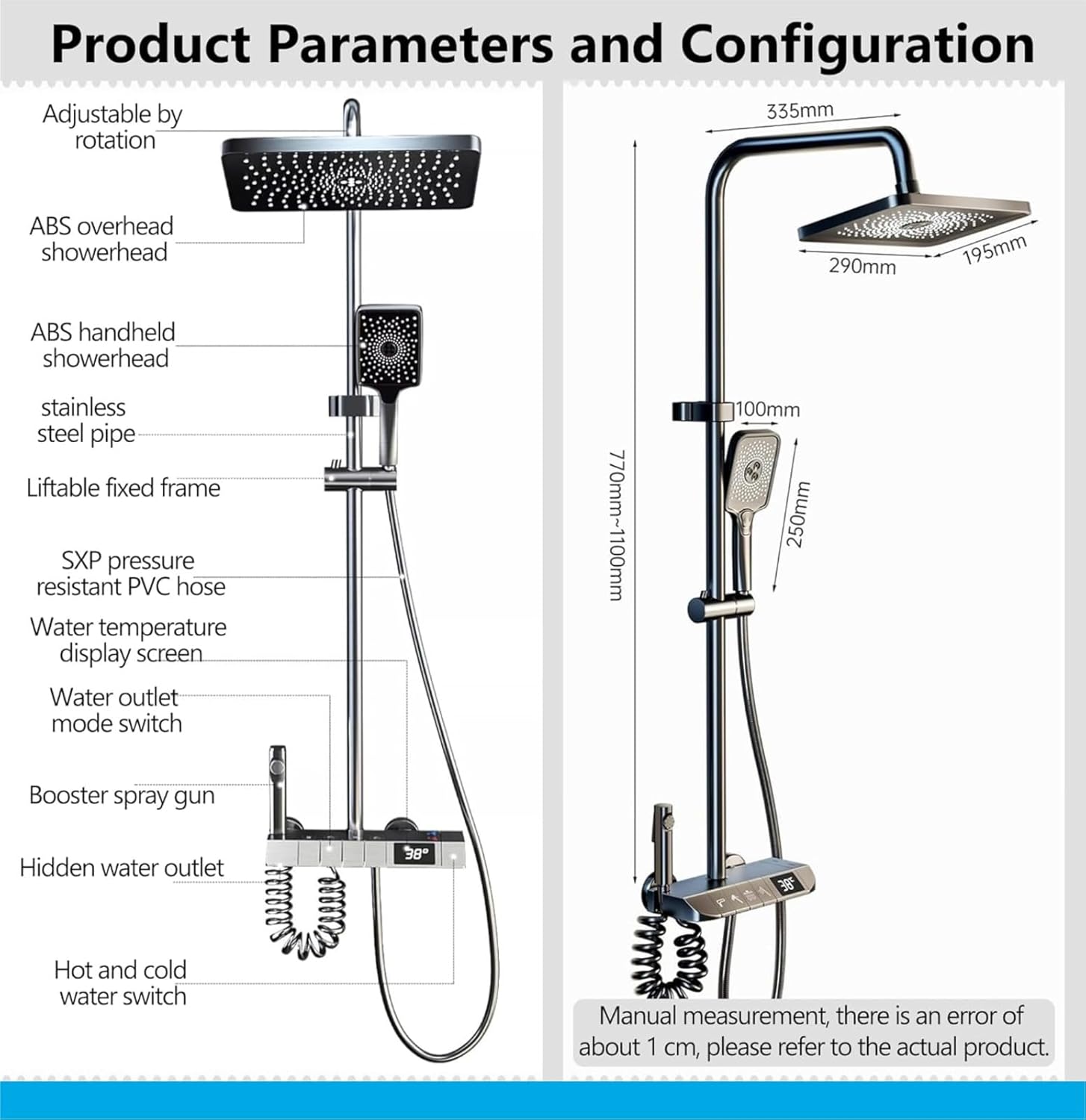 Fossa Spark Shower Thermostatic Shower System, Water Saving Shower Mixer Set, LED Screen, 4 Functions includes Handheld Shower (3 Jet Types), ABS Top Shower, Bidet Spray, Tub Spout (Black)