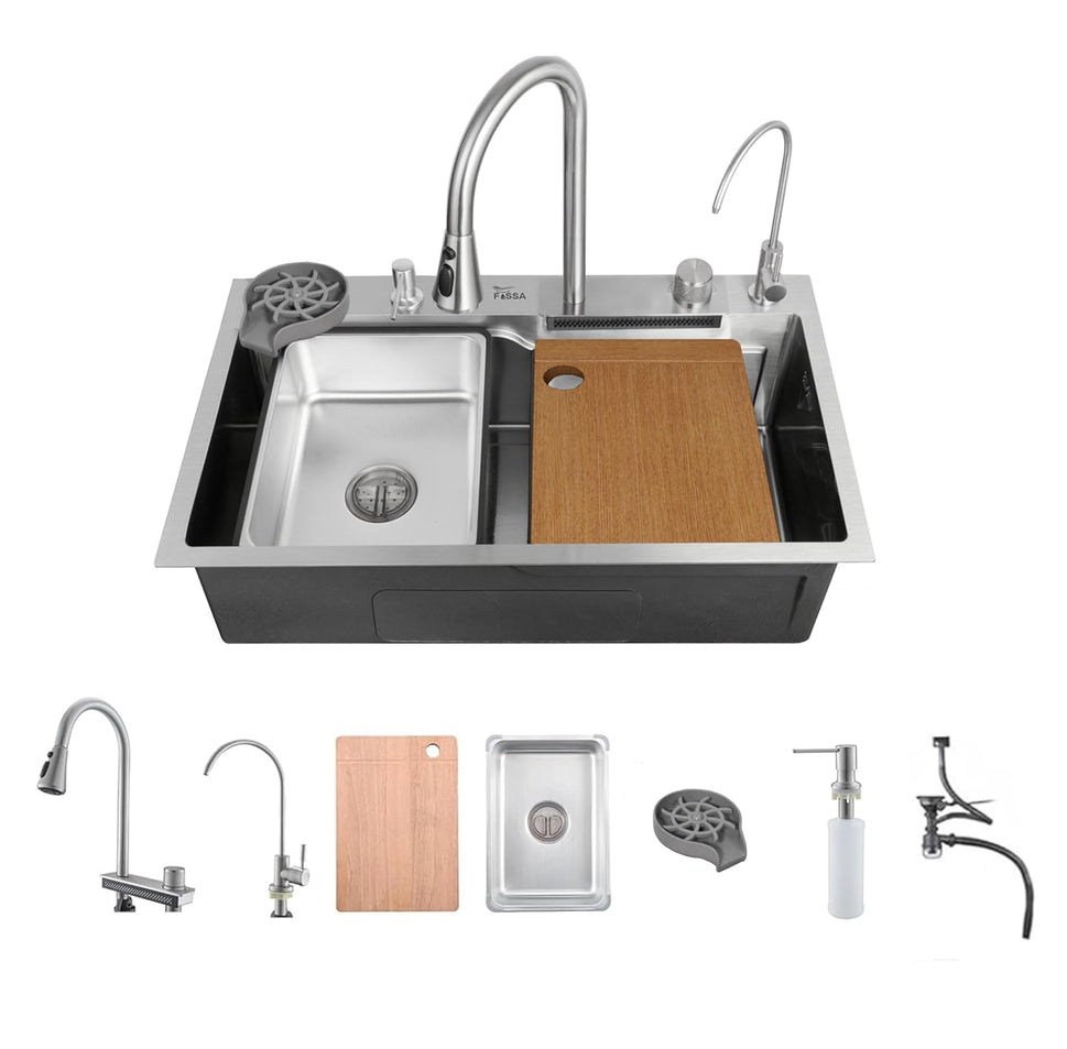 Fossa 24"x18"x09" Single Bowl Waterfall Kitchen Sink Honeycomb Embossed Sink with Nano Coating, Stainless Steel, Rectangular Workstation, Faucet With Included All Accessories. (Silver)