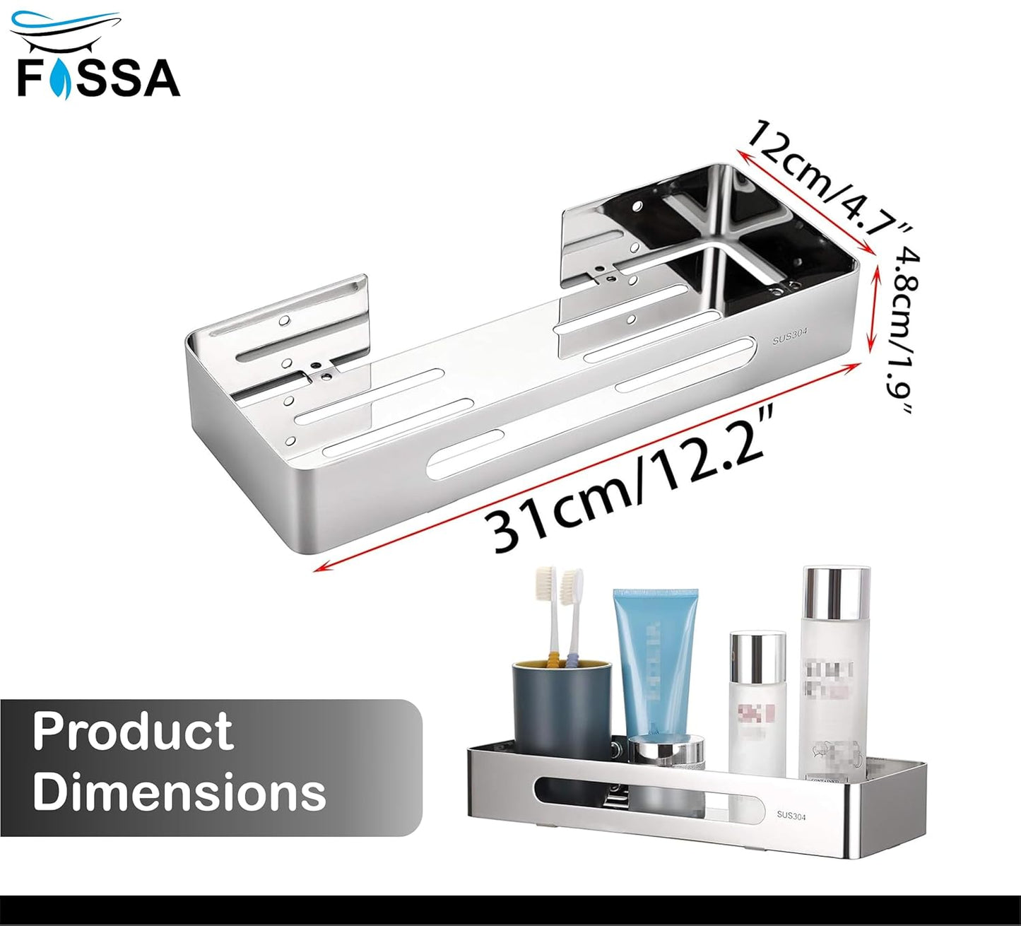 FOSSA Premium Stainless Steel Bathroom Shelf/Kitchen Shelf/Bathroom Shelf and Rack/Wall Storage Shelf/Bathroom Accessories (Silver) 2 Set