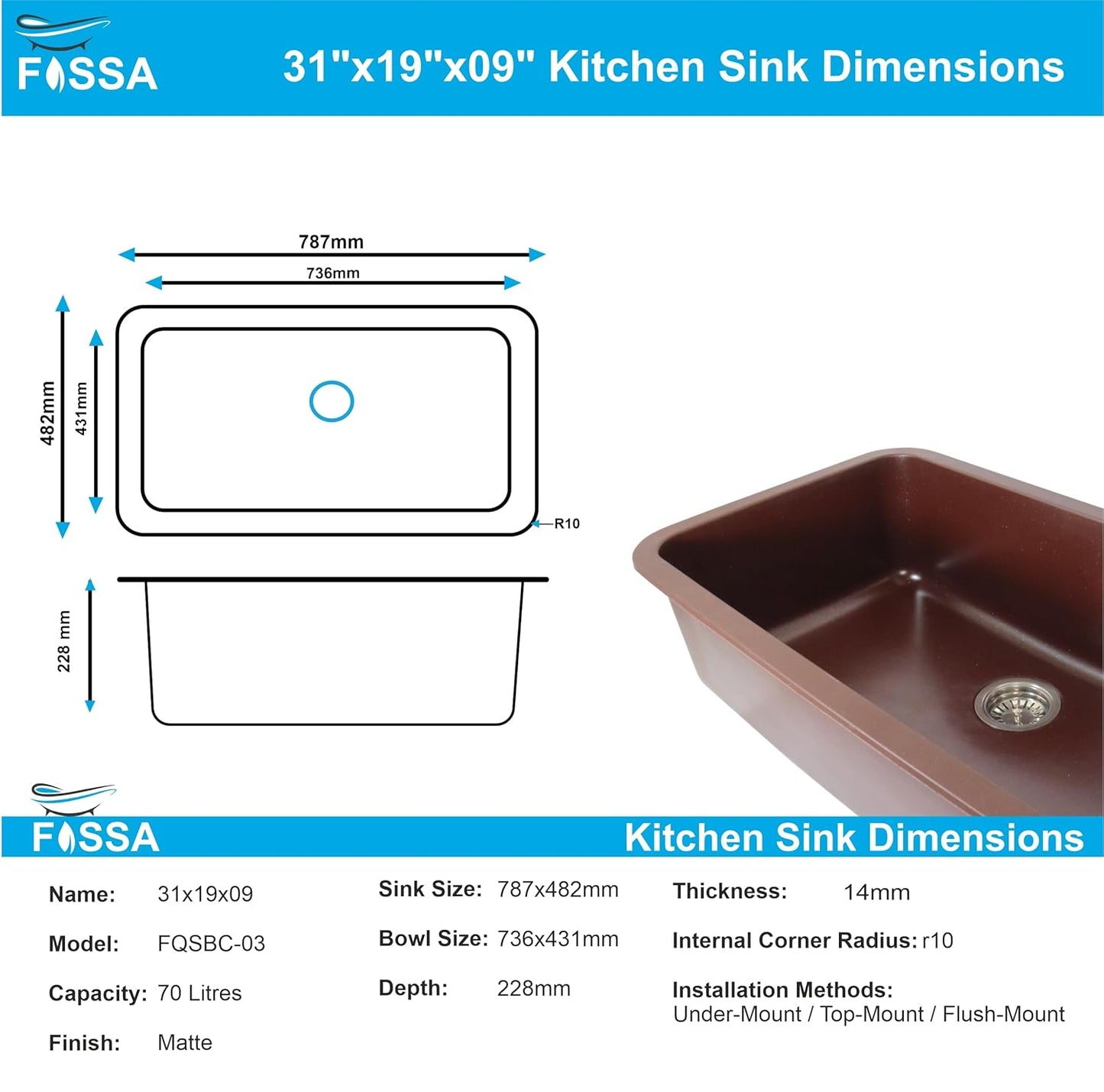 Fossa 31"x19"x09" Inch Granite Quartz Kitchen Sink Single Bowl with Basket, Coupling, Waste Pipe Quartz German Engineered Technology Kitchen Sink Easy-to-Clean Sink (Choco Brown)