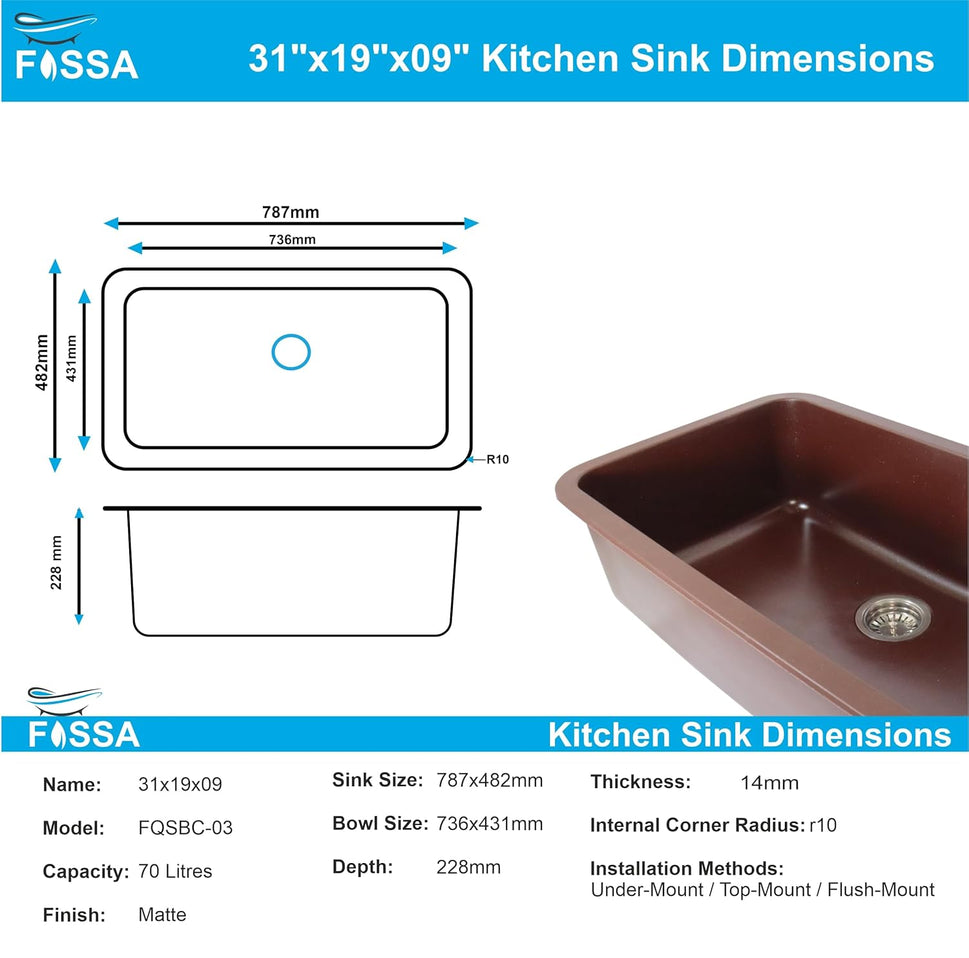 Fossa 31"x19"x09" Inch Granite Quartz Kitchen Sink Single Bowl with Basket, Coupling, Waste Pipe Quartz German Engineered Technology Kitchen Sink Easy-to-Clean Sink (Choco Brown)