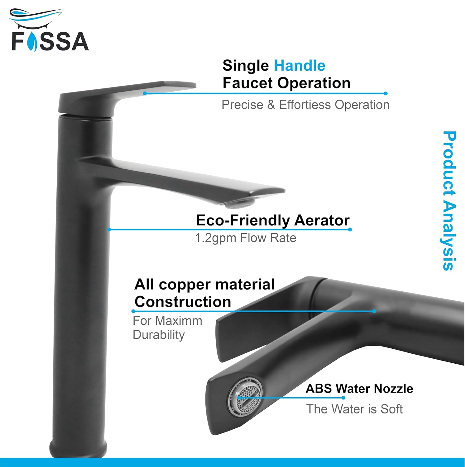 Fossa Opera Extended Body Brass Bathroom Sink Wash Basin Mixer Tap Single Handle Hot & Cold Lavatory Sink Faucet for Living Room & Bathrooms (Black)