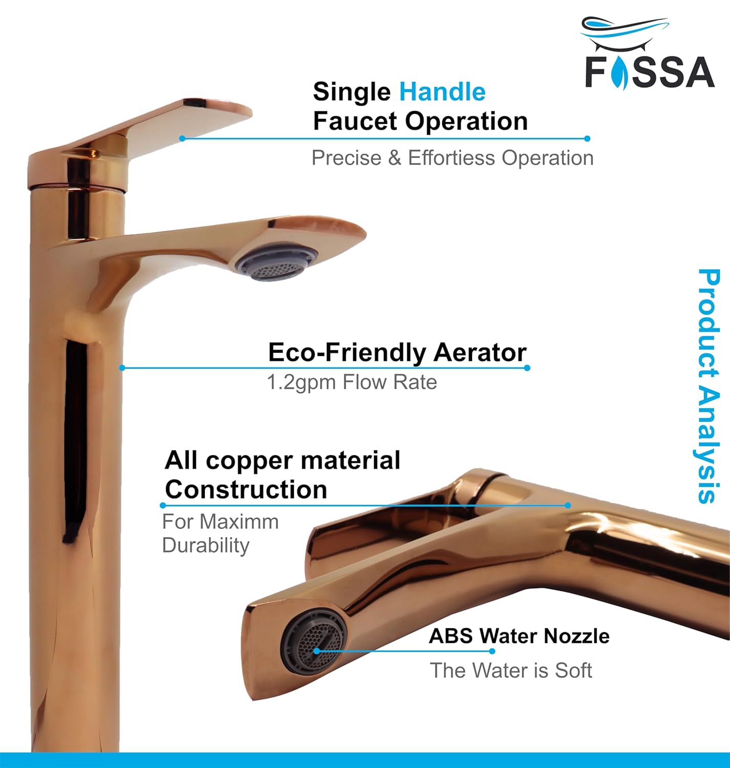 Fossa Olive Extended Body Brass Bathroom Sink Wash Basin Mixer Tap Single Handle Hot & Cold Lavatory Sink Faucet for Living Room & Bathrooms (Rose Gold)