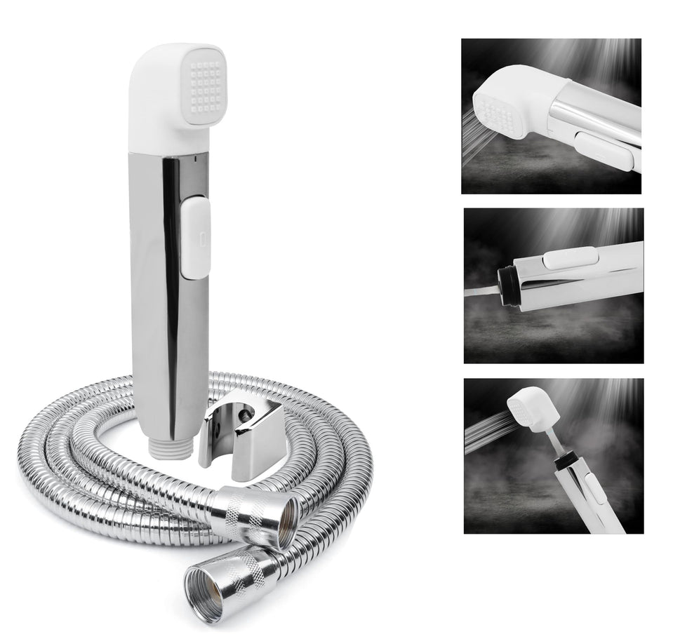 Fossa Krave ABS Dual Function Health Faucet with Stainless Steel 1 Meter Flexible Hose Pipe and Wall Hook, Jet Spray for Toilet Chrome Finish (White)