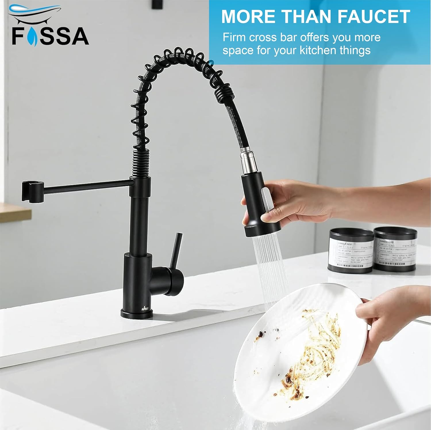 Fossa Kitchen Taps, Kitchen Sink Mixer Tap with Pull Down Sprayer, Kitchen Mixer Taps 1 Hole, 360°Swivel Spring Kitchen Faucet Single Handle Lever, 2 Spray Modes Chrome Finish (Black)