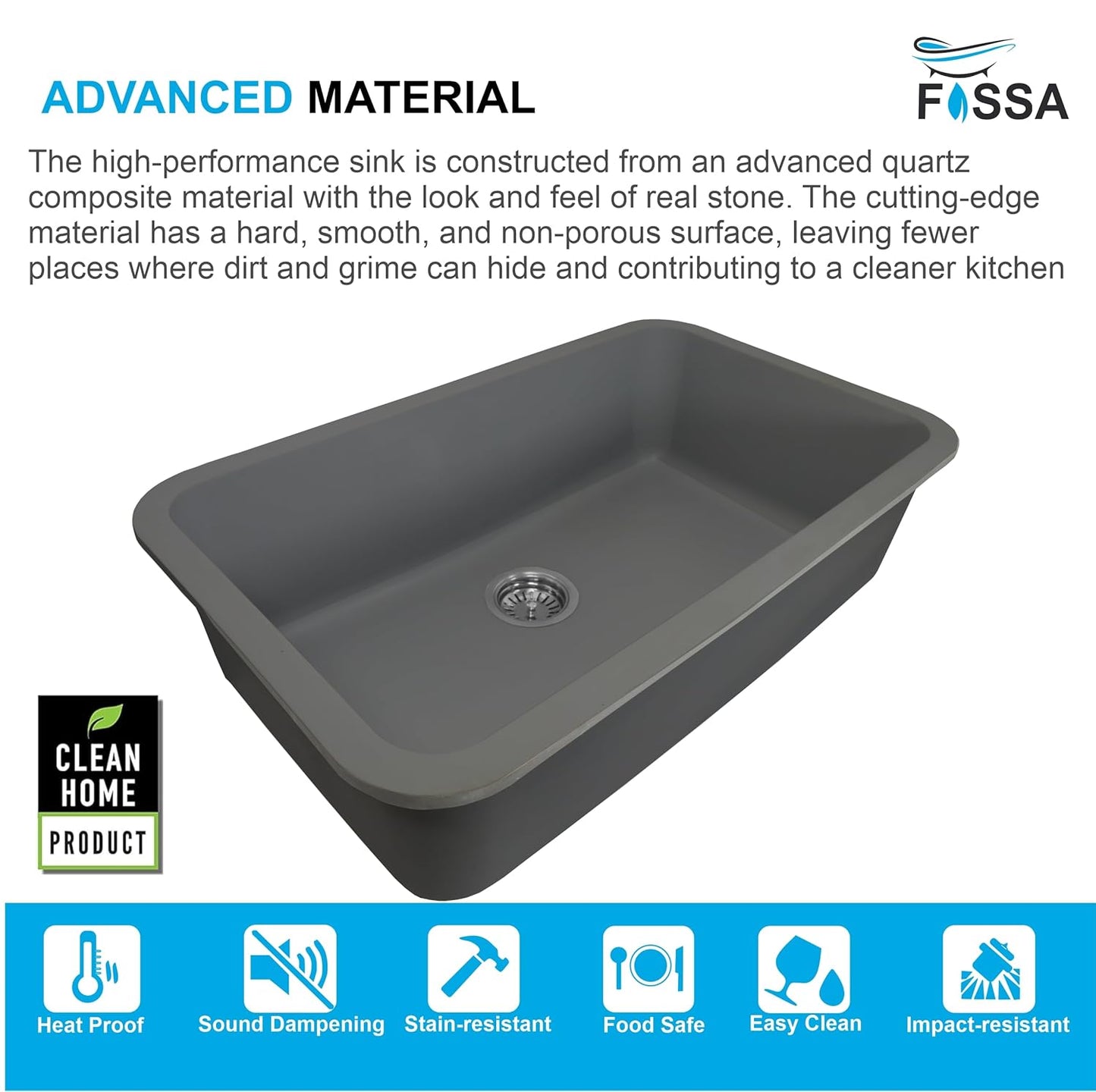 Fossa 31"x19"x09" Inch Granite Quartz Kitchen Sink Single Bowl with Basket, Coupling, Waste Pipe Quartz German Engineered Technology Kitchen Sink Easy-to-Clean Sink (Grey)