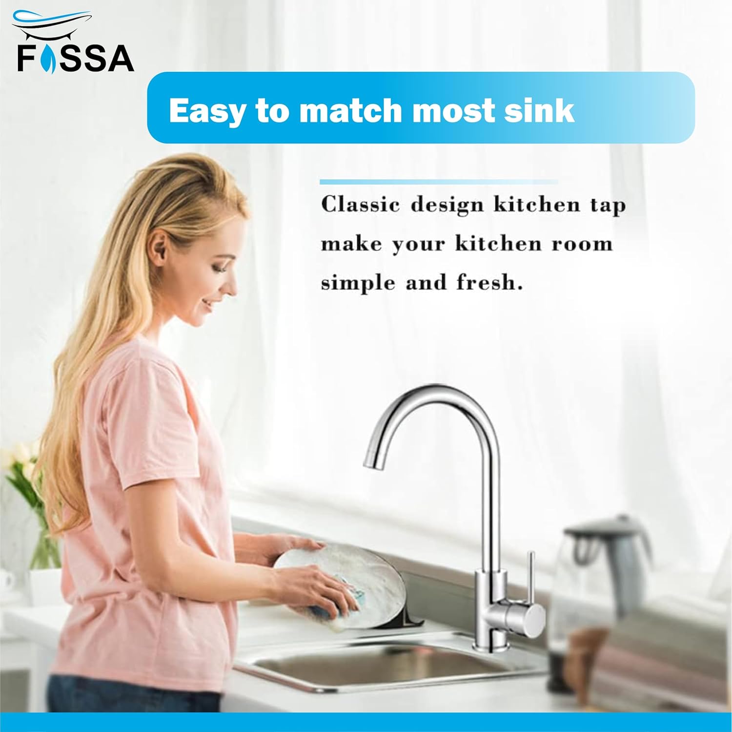 Fossa J Bend Faucet High Pressure Kitchen Faucet 360° Swivel, Stainless Steel Kitchen Faucet, Kitchen Mixer Tap with High Spout-257mm (Chrome Finish)