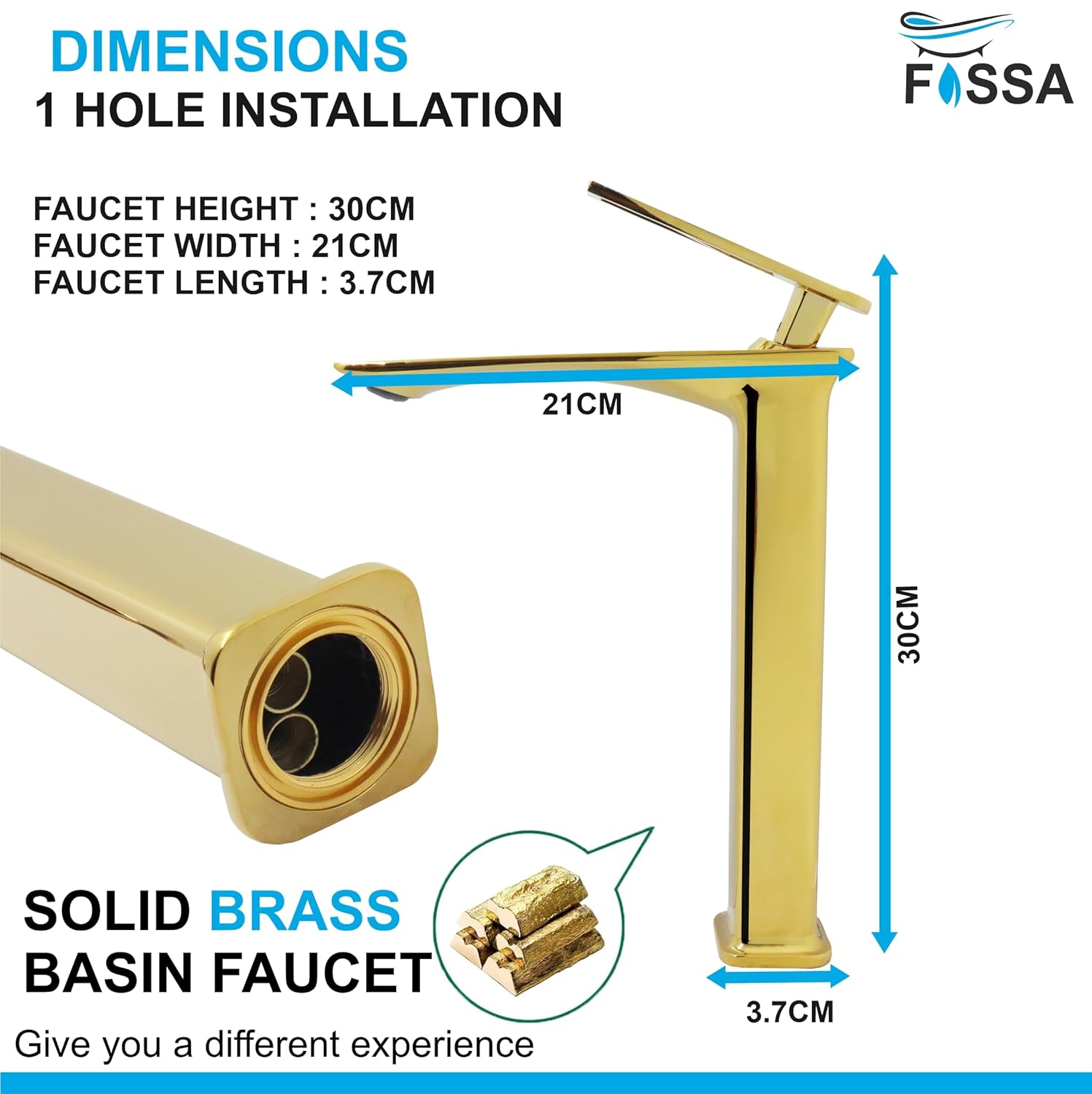 Fossa Classy Extended Body Brass Bathroom Sink Wash Basin Mixer Tap Single Handle Hot & Cold Lavatory Sink Faucet for Living Room & Bathrooms (Gold)