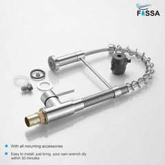 Fossa Kitchen Taps, Kitchen Sink Mixer Tap with Pull Down Sprayer, Kitchen Mixer Taps 1 Hole, 360°Swivel Spring Kitchen Faucet Single Handle Lever, 2 Spray Modes (Chrome Finish) (Silver)