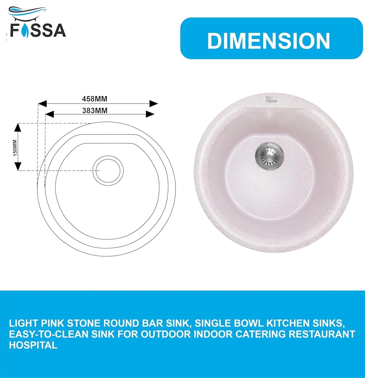 Fossa 18"x18"x08" Inch Round Bar Sink, Single Bowl Kitchen Sinks, Quartz German Engineered Technology Kitchen Sink Easy-to-Clean Sink for Outdoor Indoor Catering Restaurant Hospital (Light pink stone)