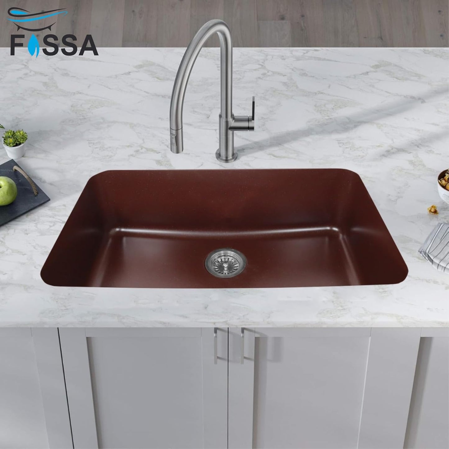 Fossa 31"x19"x09" Inch Granite Quartz Kitchen Sink Single Bowl with Basket, Coupling, Waste Pipe Quartz German Engineered Technology Kitchen Sink Easy-to-Clean Sink (Choco Brown)