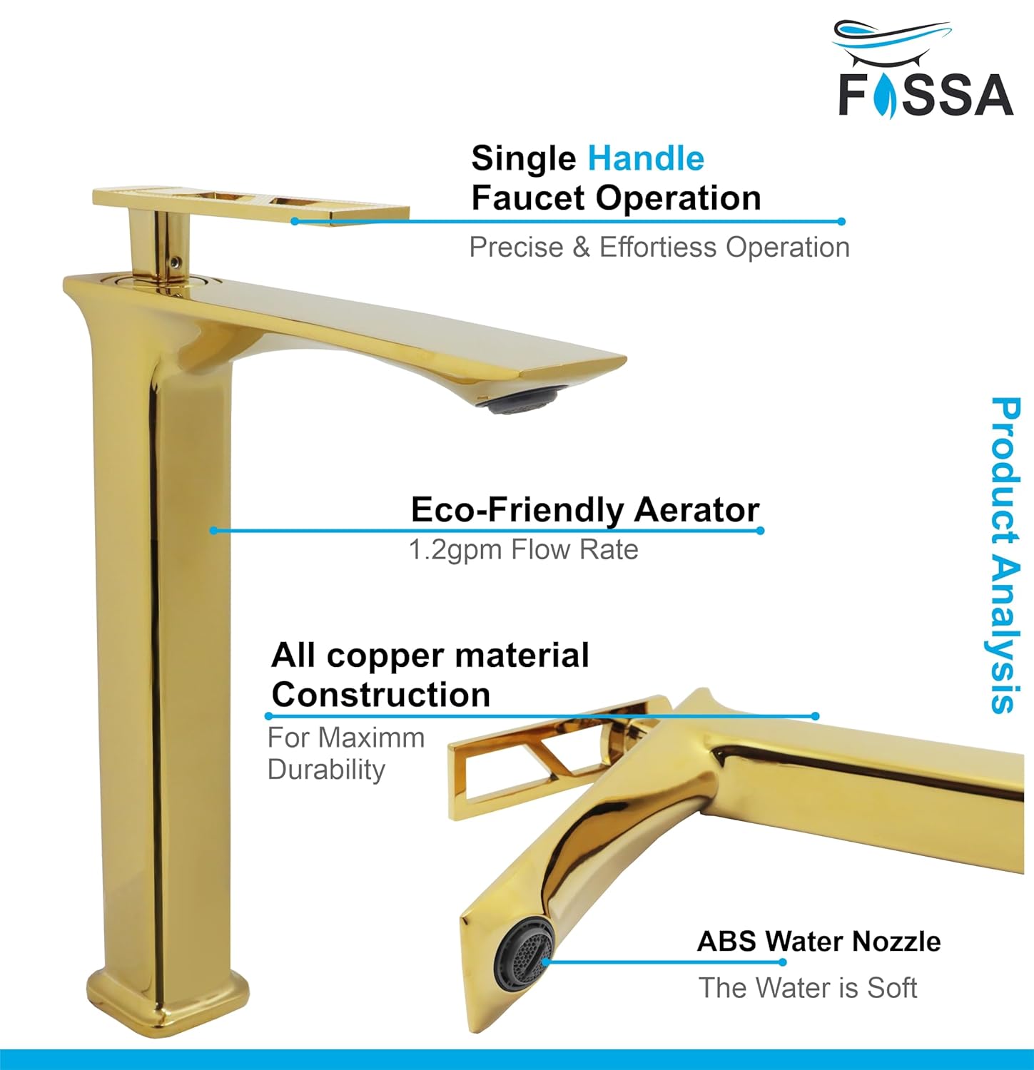 Fossa Classy Extended Body Brass Bathroom Sink Wash Basin Mixer Tap Single Handle Hot & Cold Lavatory Sink Faucet for Living Room & Bathrooms (Gold)