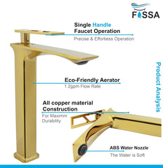 Fossa Classy Extended Body Brass Bathroom Sink Wash Basin Mixer Tap Single Handle Hot & Cold Lavatory Sink Faucet for Living Room & Bathrooms (Gold)