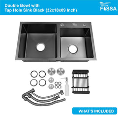 Fossa Black Kitchen Sink - 32" x18" x 09" Inch Stainless Steel Double Bowl Sink with Tap Hole, Drain Basket, Soap Dispenser, Drain - Topmount Sink for Campervan or Home Kitchen (Round Coupling)