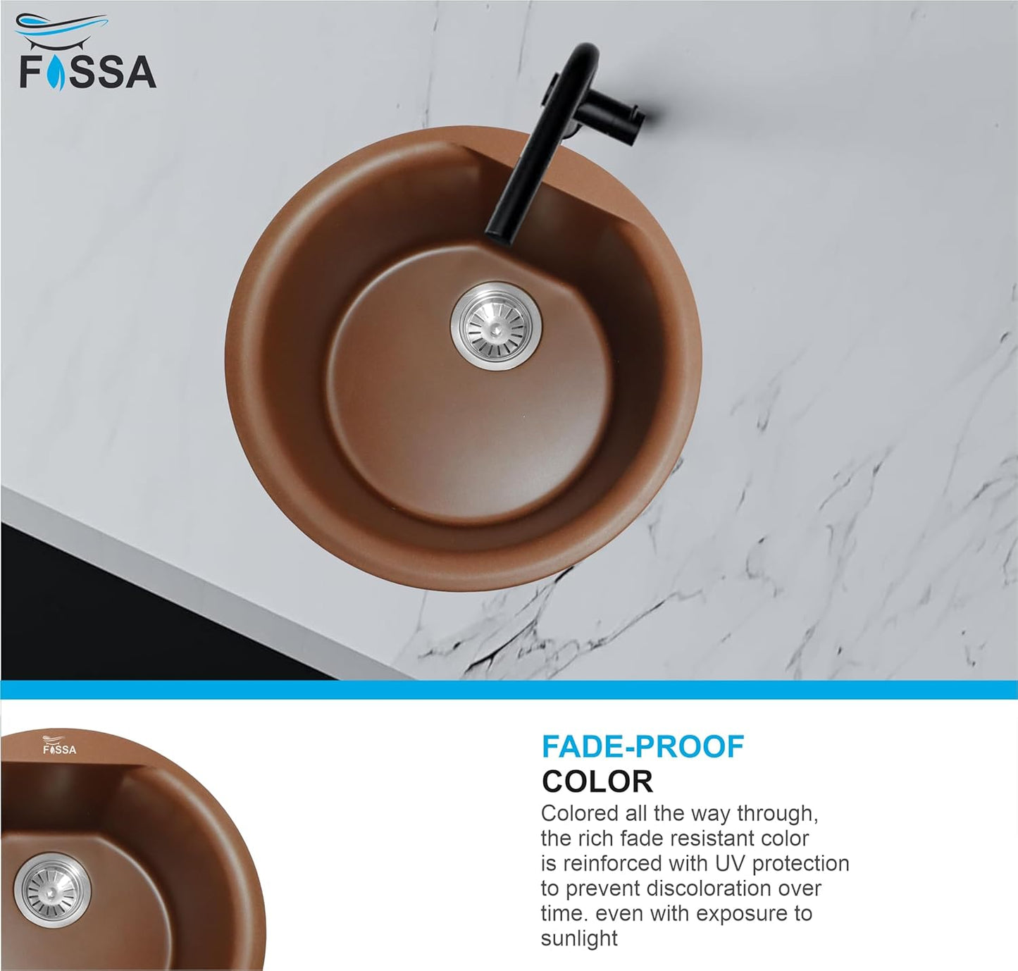 Fossa 18"x18"x08" Inch Round Bar Sink, Single Bowl Kitchen Sinks, Quartz German Engineered Technology Kitchen Sink Easy-to-Clean Sink for Outdoor Indoor Catering Restaurant Hospital (Brown)