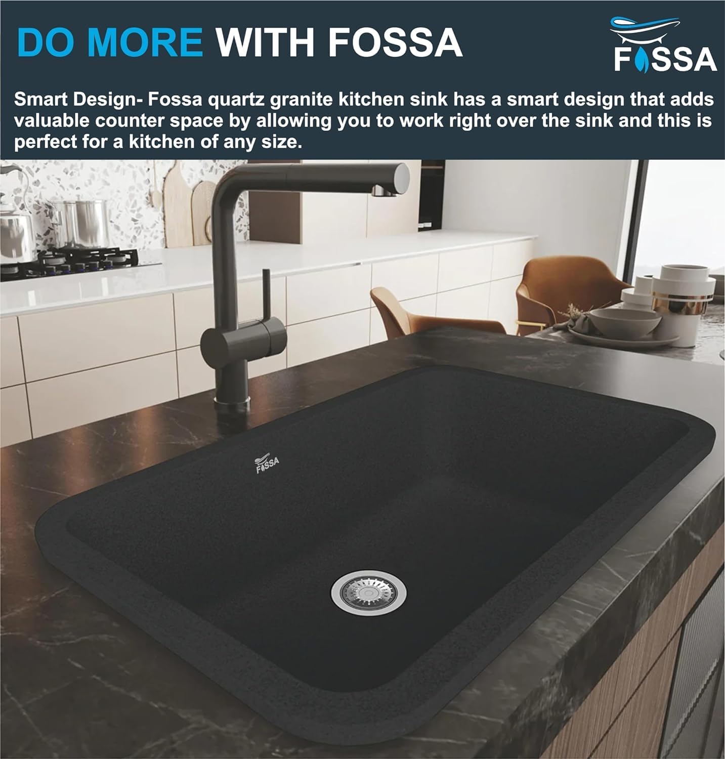 Fossa 30"x18"x09" Inch Granite Quartz Kitchen Sink Single Bowl with Basket, Coupling, Waste Pipe Quartz German Engineered Technology Kitchen Sink Easy-to-Clean Sink (Black)