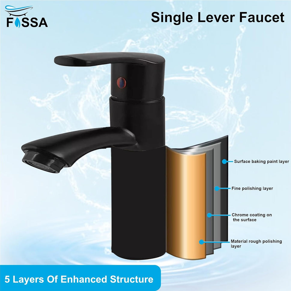 Fossa Brass Single Lever Basin Body Mixer countertop hot and Cold Water,wash Basin tap, with Hose Pipe Basin Mixer Faucet Chrome Finish ABS Handle (Black)