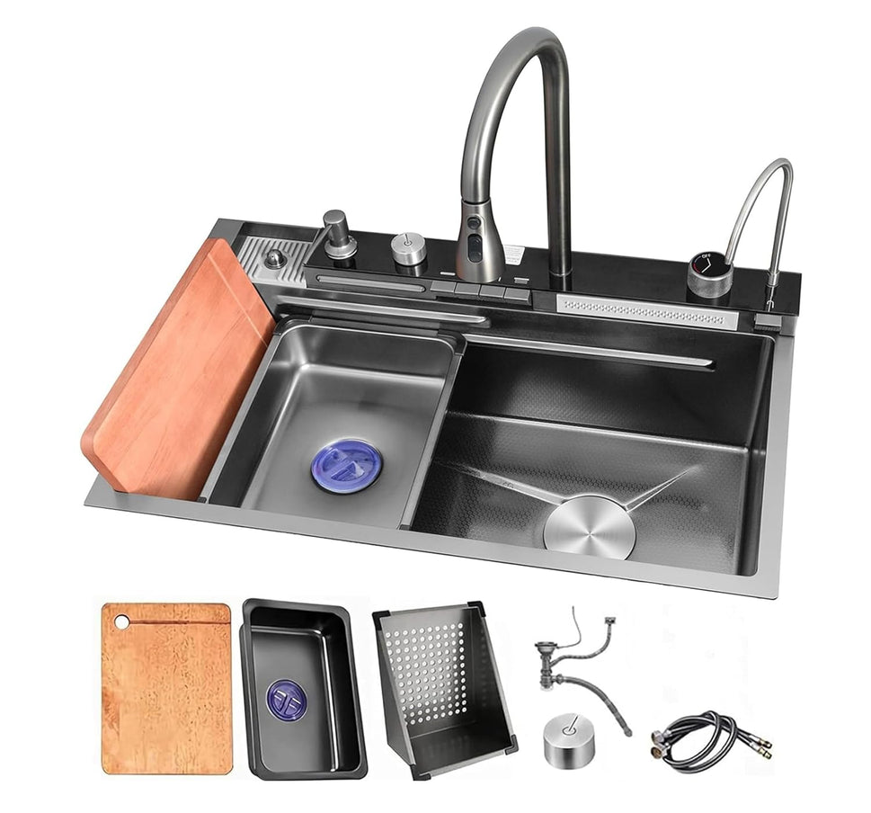 Fossa 30"x18"x10" inch Piano Fully Equipped Kitchen Sink with Integrated Waterfall and Pull-down Faucets - Premium Stainless Steel Sink with LED Pannel and Digital Display - Nano Black Finish