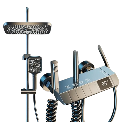 Fossa Spark Shower Thermostatic Shower System, Water Saving Shower Mixer Set, LED Screen, 4 Functions includes Handheld Shower (3 Jet Types), ABS Top Shower, Bidet Spray, Tub Spout (Black)