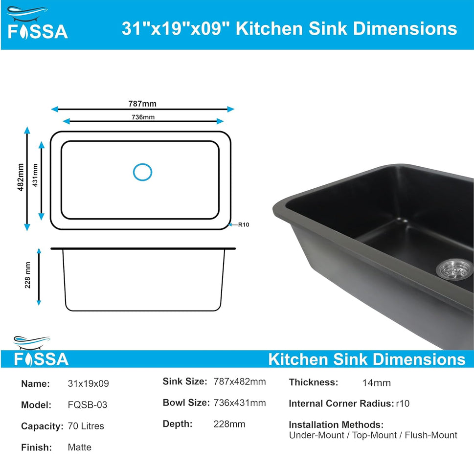 Fossa 31"x19" inch Granite Quartz Kitchen Sink Single Bowl Black with Basket, Coupling, Waste Pipe Quartz German Engineered Technology Kitchen Sink Easy-to-Clean Sink